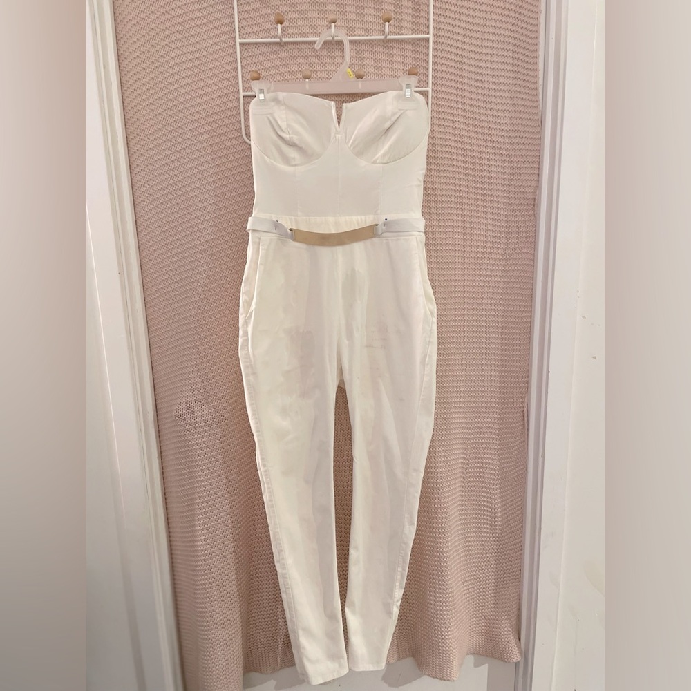 Strapless White Jumpsuit with built in gold belt
